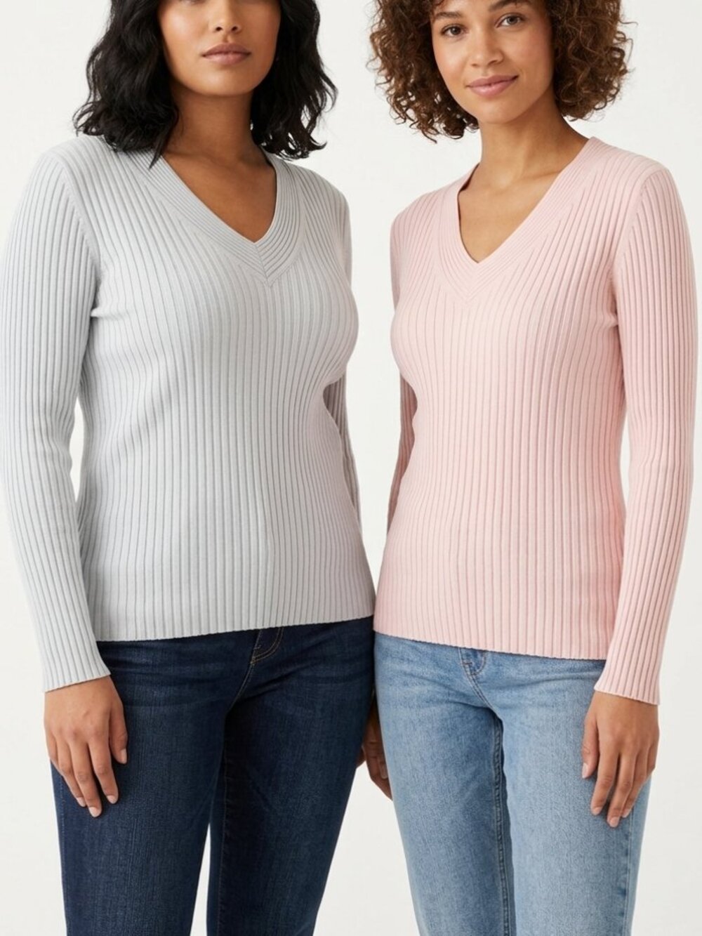 CHAUS Pastel Pink and Blue V-Neck Ribbed Long Sleeve Shirts Women's Size XL